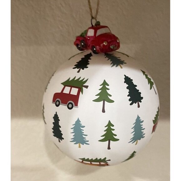 Red Pickup Truck Forest Trees HandBlown Ball Glass Christmas Ornament NEW - Picture 2 of 3